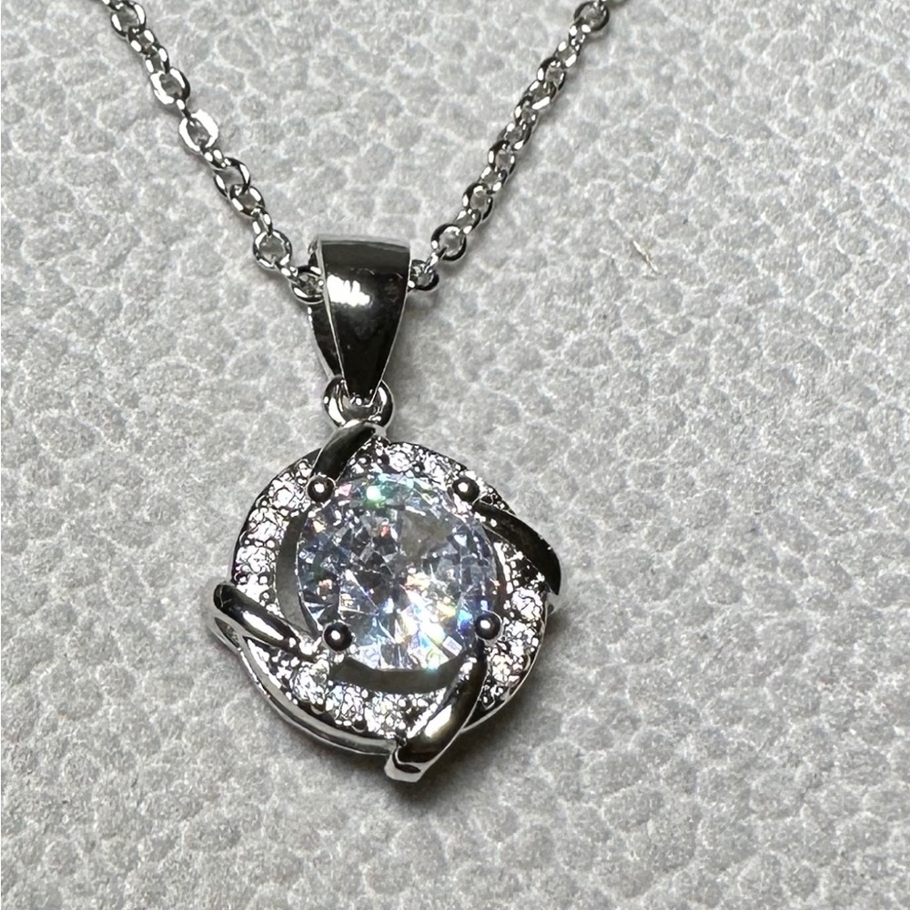Cubic Zirconia Diamond Pendant Sterling Silver 17 inch